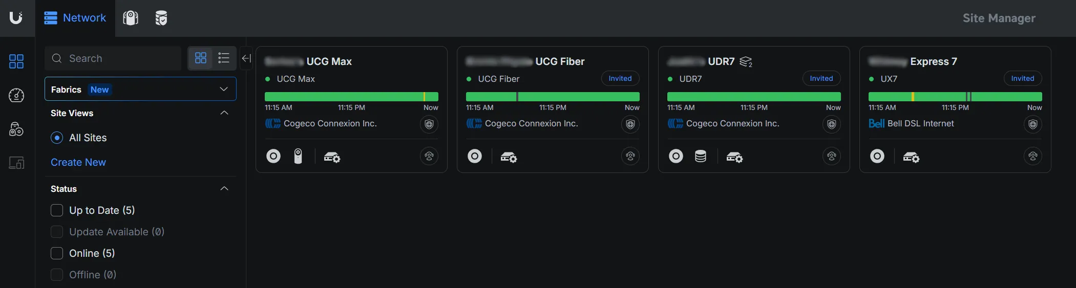 Ubiquiti Site Manager dashboard showing several managed network sites with live status and uptime graphs